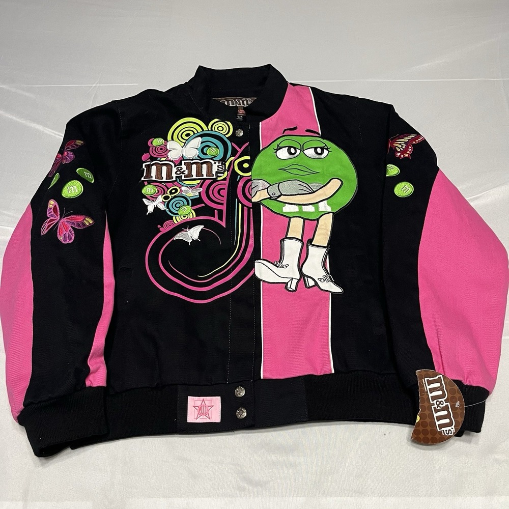 NWT Y2K M&Ms JH Design Racing Jacket Womens 2XL Black Pink Embroidered NASCAR